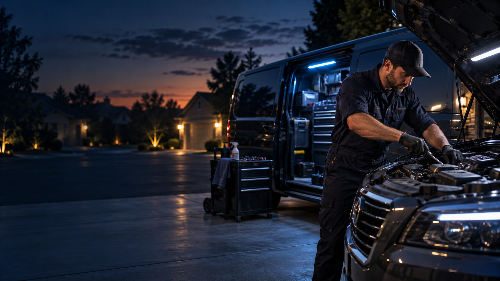 Mobile mechanic working on a vehicle at a customer's location